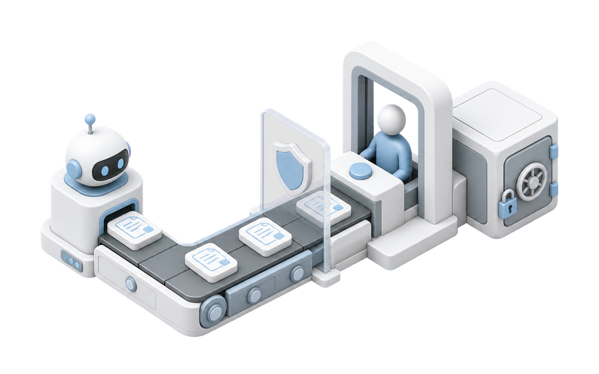 Isometric illustration for AI agents in financial services: where automation must stop