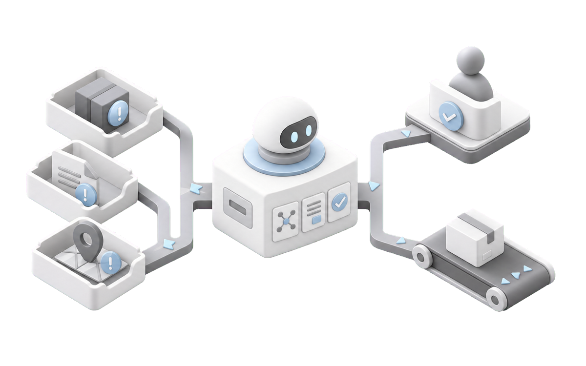 Isometric illustration for AI agents for logistics operations: start with the exception queue