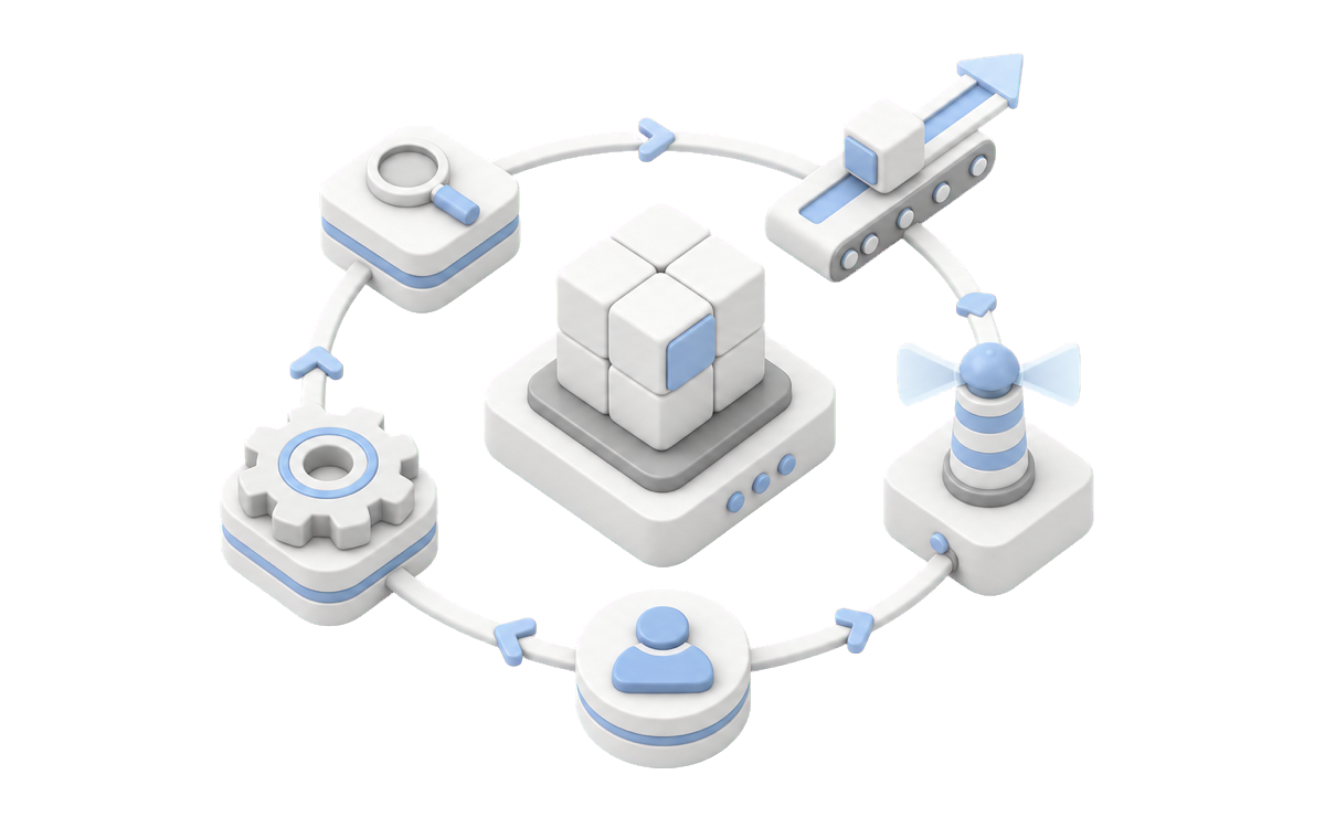 Isometric illustration for A custom software development process built around production