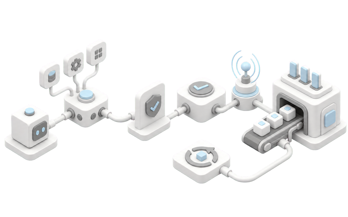 Isometric illustration for Enterprise AI agent development: from demo to dependable workflow